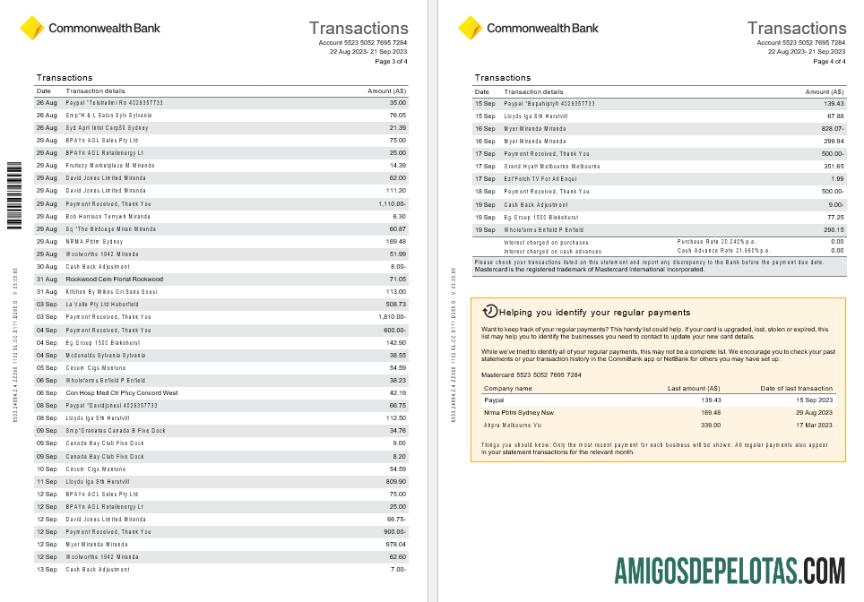 Extrato de cartão de crédito do Australia NSW Commonwealth Bank Diamond Awards, exemplo Scr2 de 4 páginas